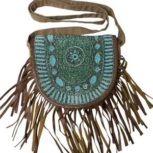 Beaded Fringe Crossbody Bag - Green turquoise and Brown 46” Strap Boho Country